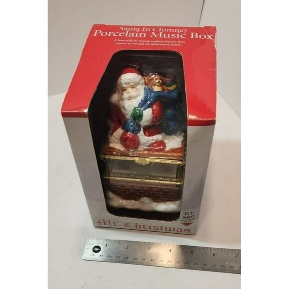 Mr Christmas “Santa In Chimney” Porcelain Music Box 2002 New In Box - Picture 10 of 10
